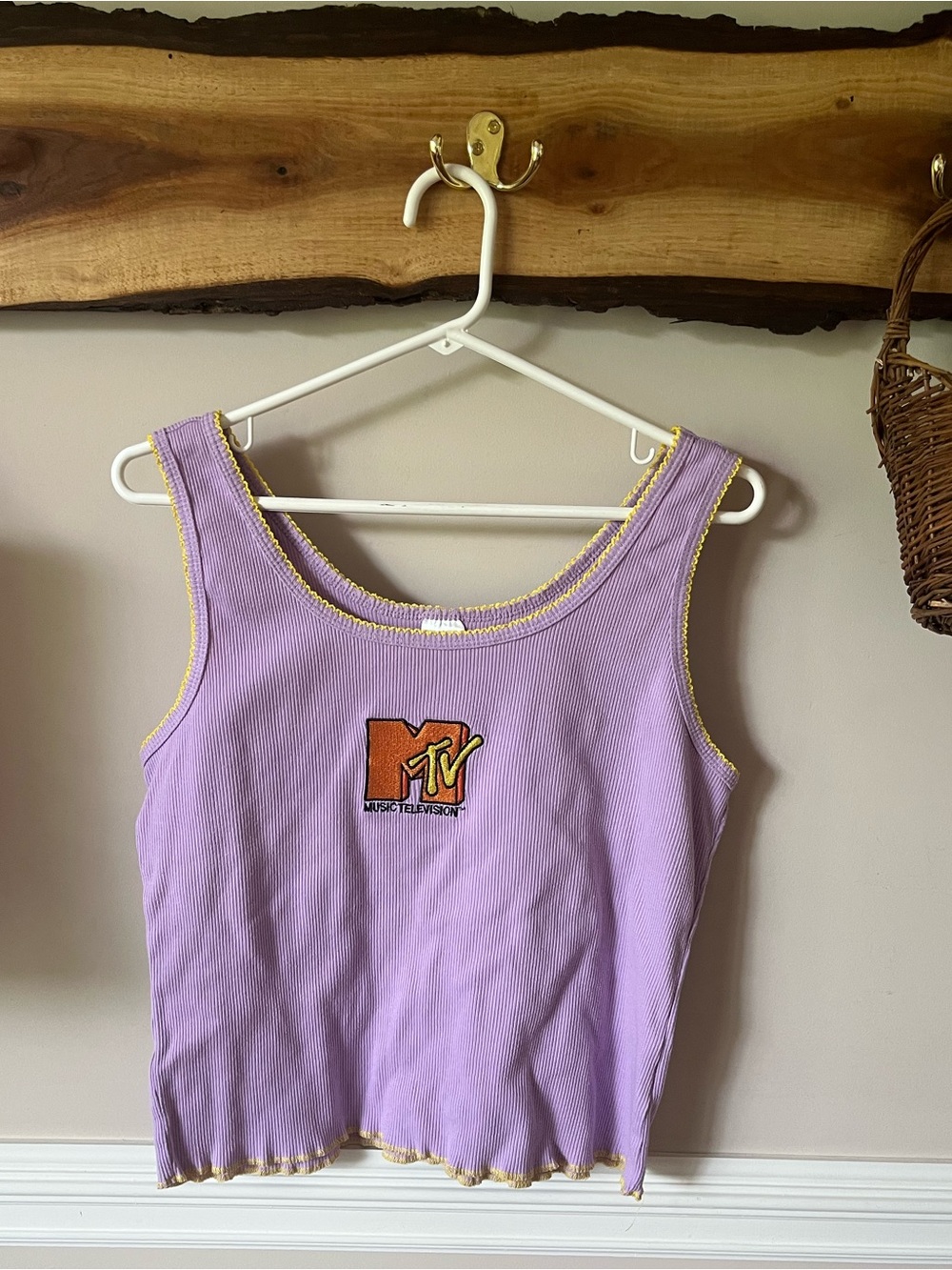 Vintage Y2K MTV tank Top Purple Yellow Cropped Lettuce Edge XXL Spencer’s